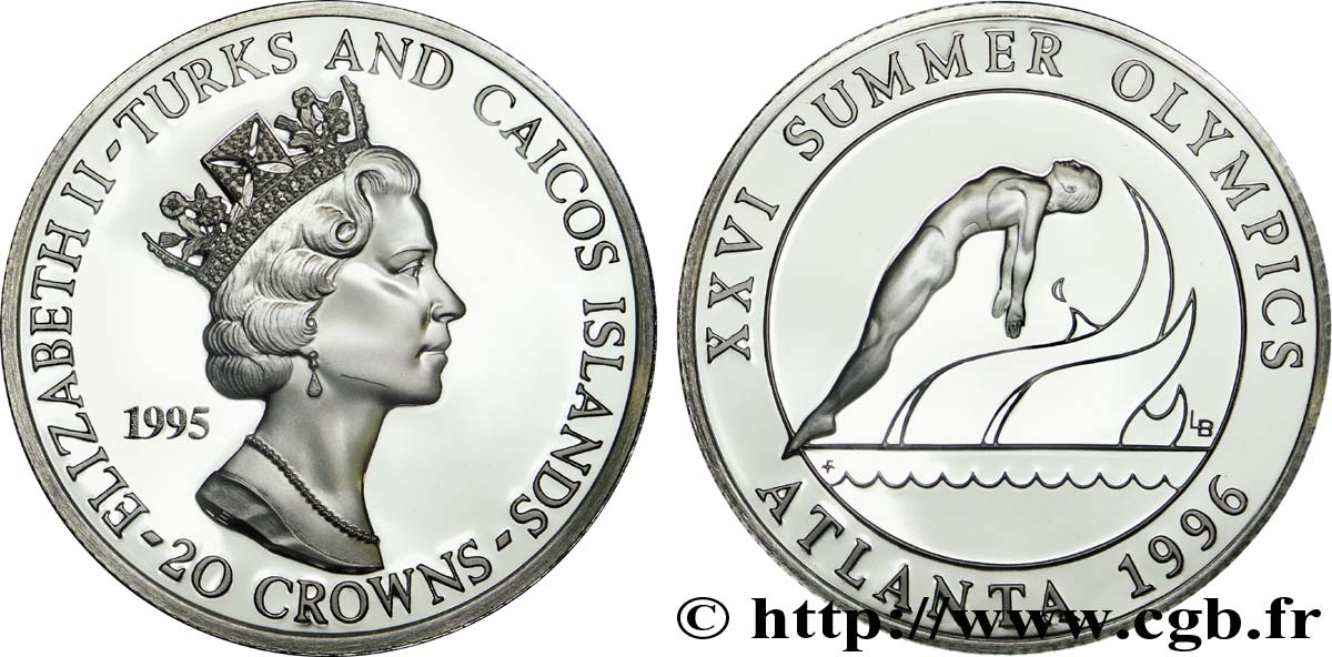ÎLES TURQUES ET CAÏQUES 20 Crowns BE (Proof) Jeux Olympiques Atlanta 1996 : Elisabeth II / plongeuse 1995  FDC 