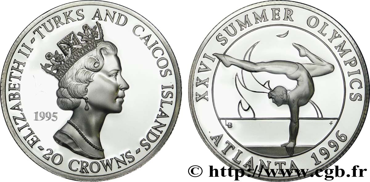 TURKS & CAICOS ISLANDS 20 Crowns BE (Proof) Jeux Olympiques Atlanta 1996 : Elisabeth II / gymnaste 1995  MS 