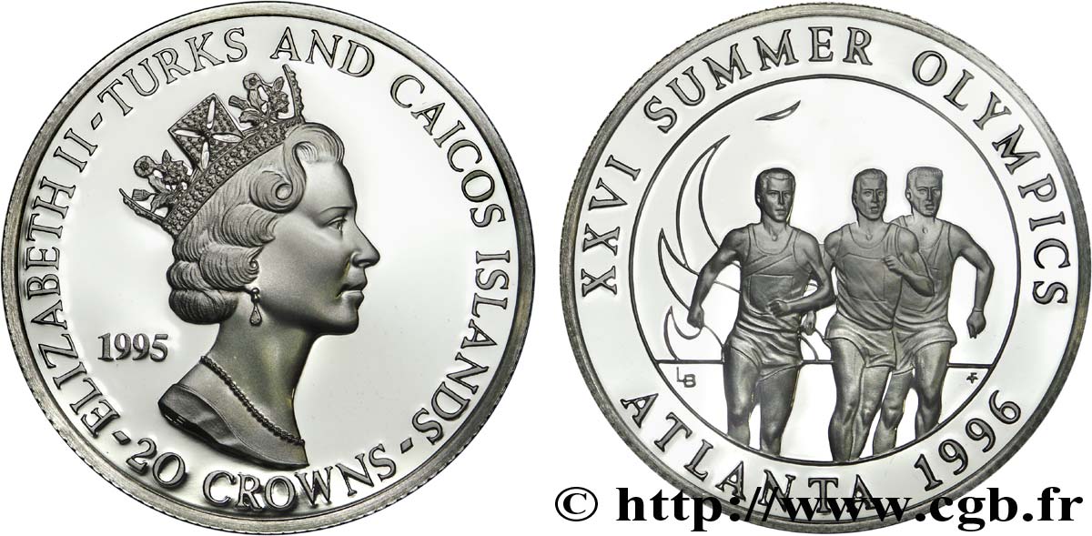 TURKS E CAICOS 20 Crowns BE (Proof) Jeux Olympiques Atlanta 1996 : Elisabeth II / coureurs 1995  FDC 