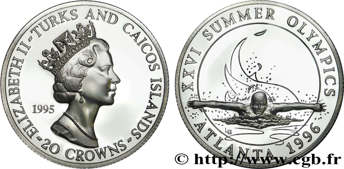 TURKS & CAICOS ISLANDS 20 Crowns BE (Proof) Jeux Olympiques Atlanta 1996 : Elisabeth II / nageur 1995  MS 