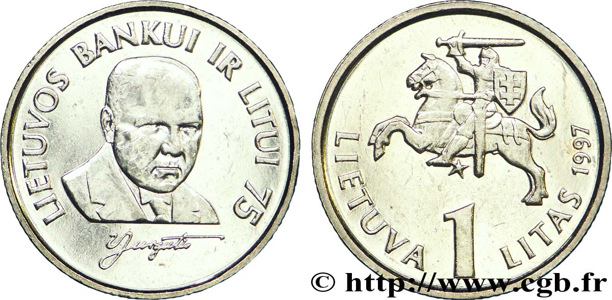 LITHUANIA 1 Litas chevalier Vitis, 75e anniversaire de la Banque de Lituanie, portrait du Pr. Vladas Jurgutis (1885-1966), premier gouverneur 1997  AU 