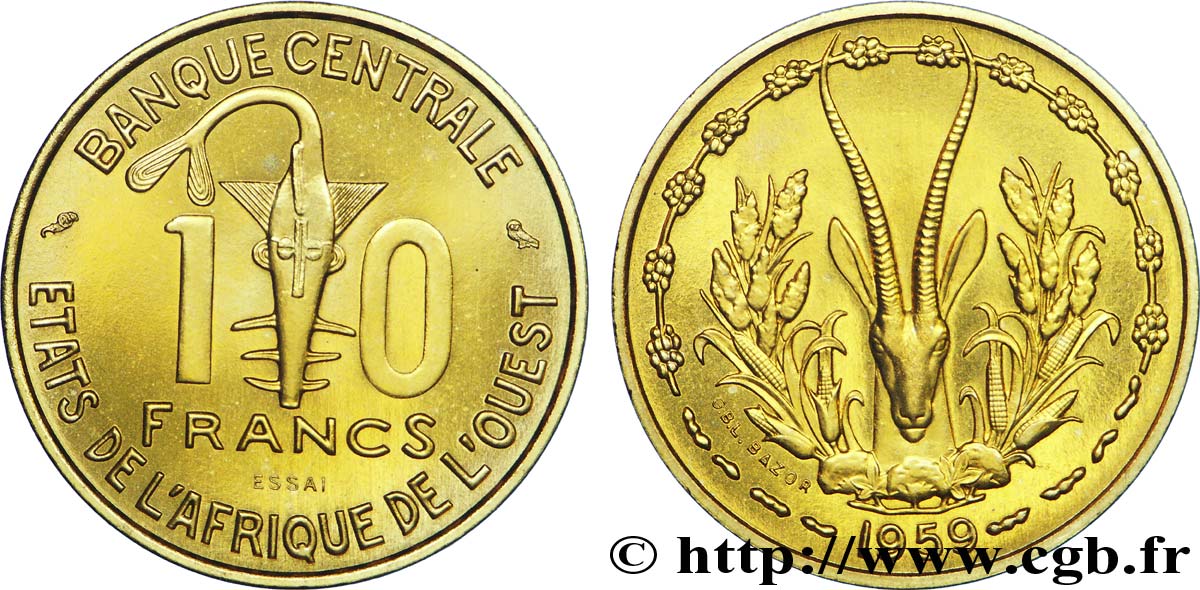 STATI DI L  AFRICA DE L  OVEST Essai 25 Francs masque / antilope 1959  MS 