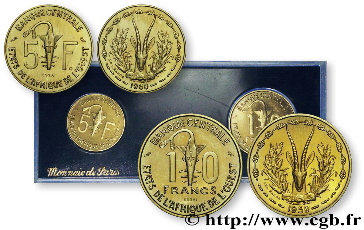 STATI DI L  AFRICA DE L  OVEST Boîte Essais 5 Francs 1960 +  25 Francs 1959 masque / antilope 1959-1960  MS 