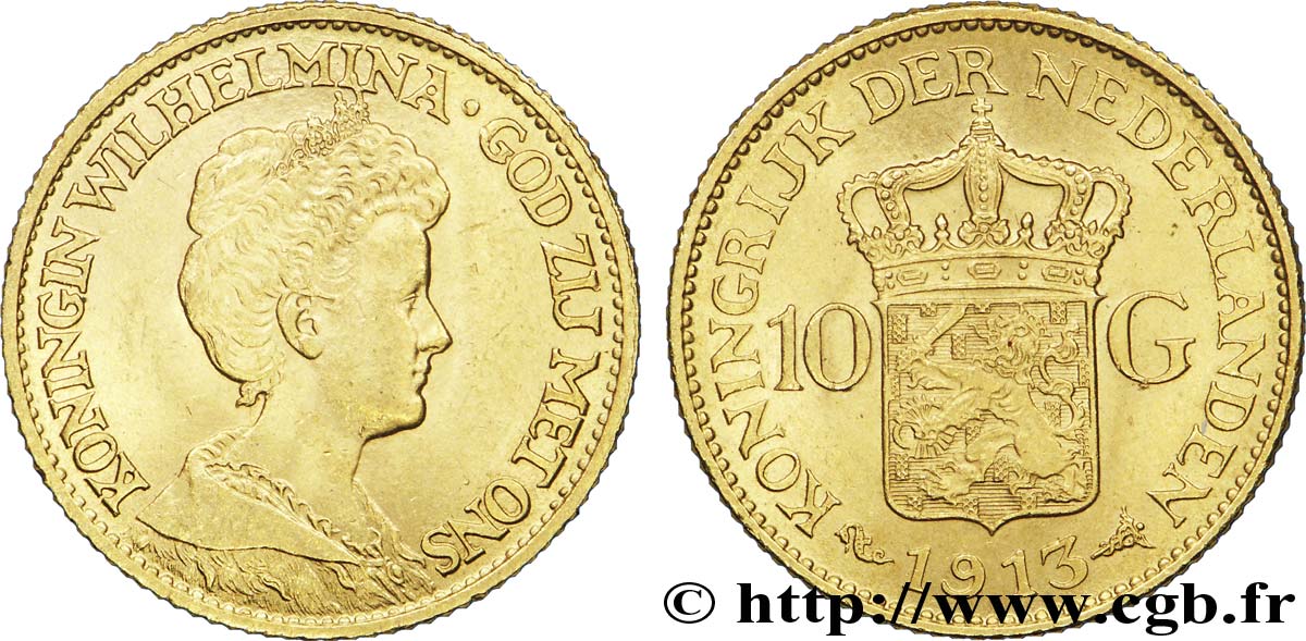 PAYS-BAS - ROYAUME DES PAYS-BAS - WILHELMINE 10 Gulden or ou 10 Florins Wilhelmina 1913 Utrecht VZ 