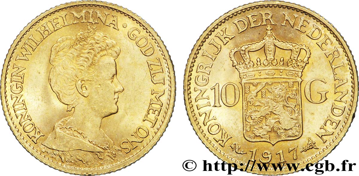 NIEDERLANDE 10 Gulden, 3e type Wilhelmina 1917 Utrecht, caducée, 4.000.000 ex. VZ55 