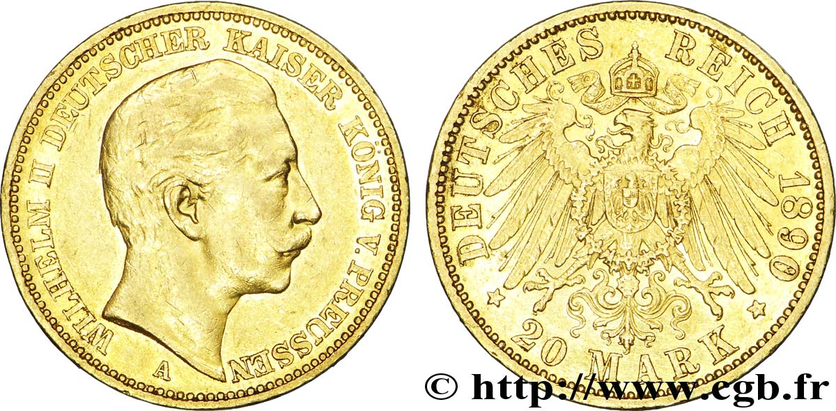 ALEMANIA - PRUSIA 20 Mark or, 2e type Guillaume II / aigle impérial 1890 Berlin EBC 