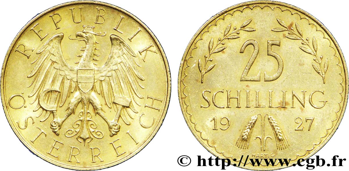 AUSTRIA 25 Schilling Aigle héraldique aux armes de l Autriche / deux épis et deux branches d olivier 1927 Vienne AU 