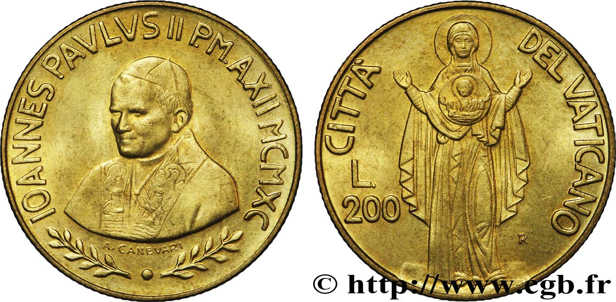 VATICAN AND PAPAL STATES 200 Lire Jean Paul II an XII / madone 1990  AU 