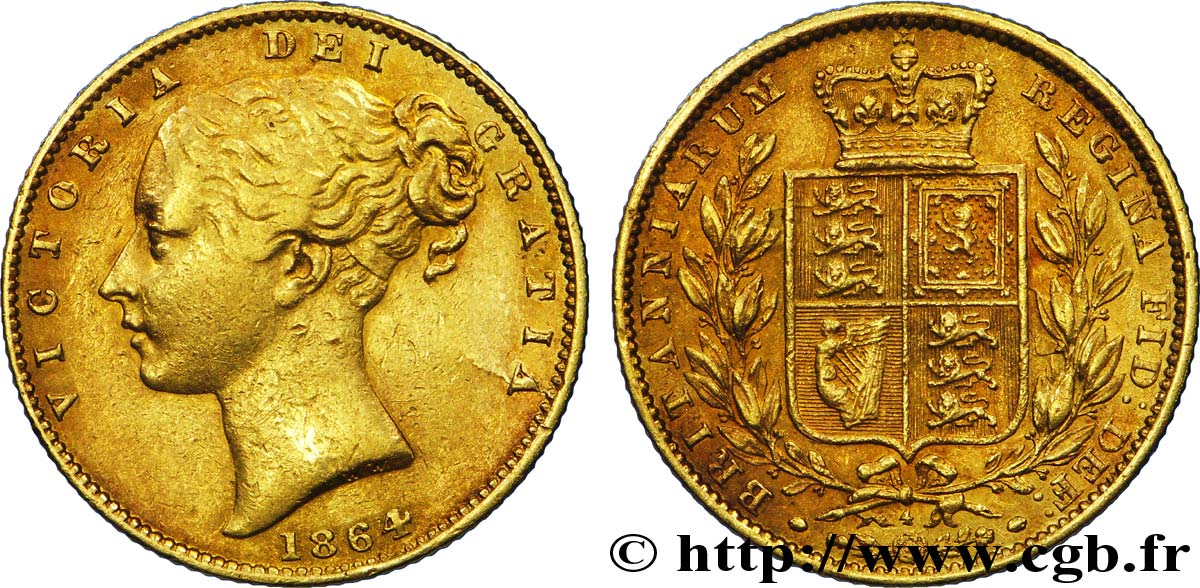 REINO UNIDO 1 Souverain Victoria buste jeune / blason variété avec numéro de coin, coin n°4 1864 Londres MBC 