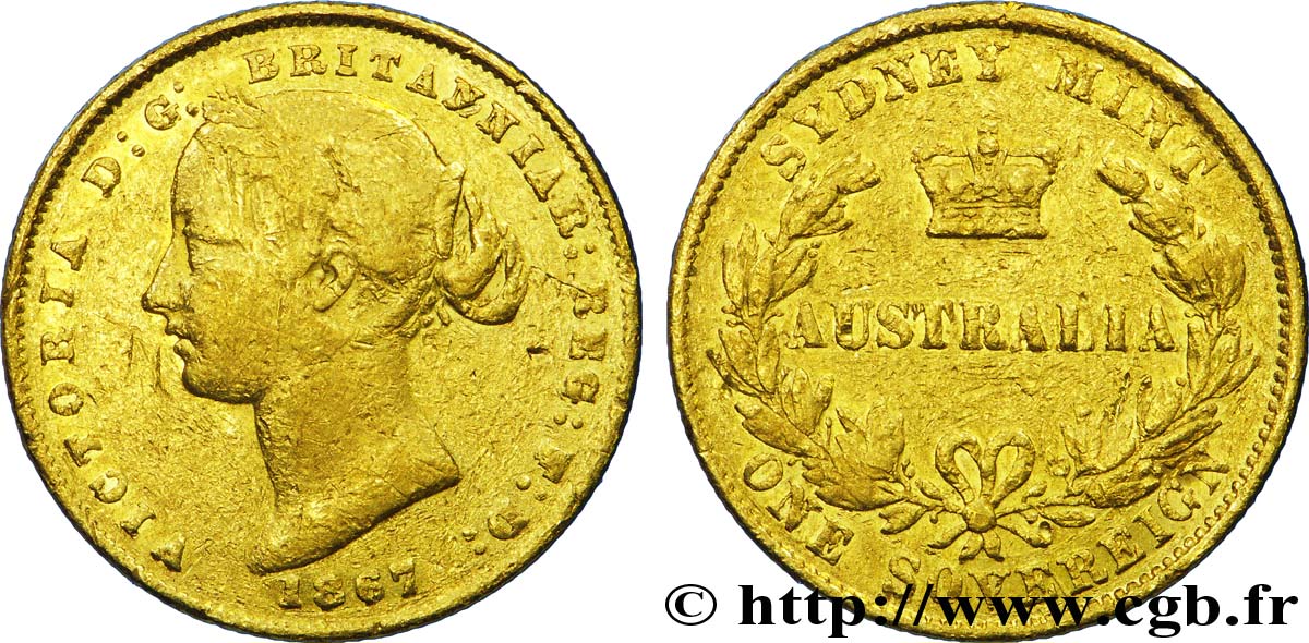 AUSTRALIE 1 Souverain OR reine Victoria / couronne entre deux branches d’olivier 1867 Sydney TB 