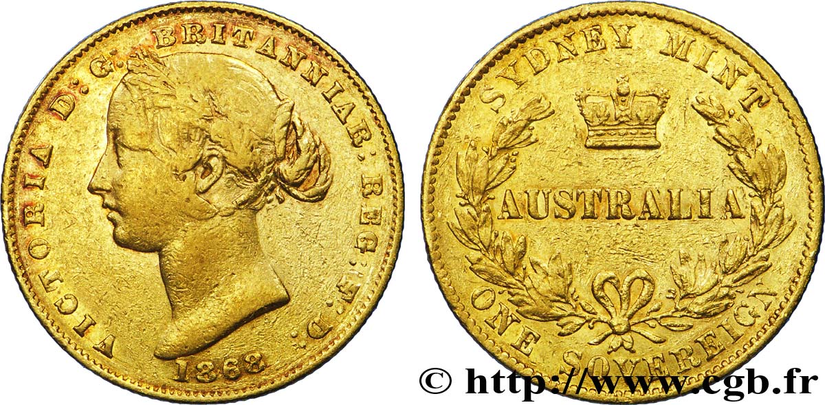 AUSTRALIE 1 Souverain OR reine Victoria / couronne entre deux branches d’olivier 1868 Sydney TB 