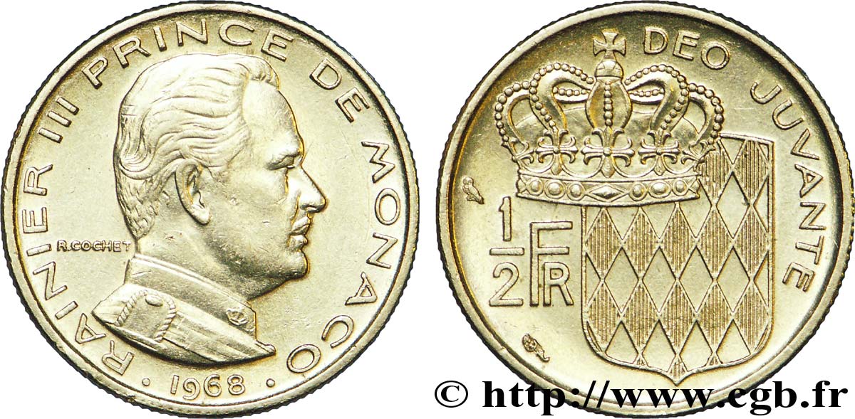 MONACO 1/2 Franc Rainier III / écu couronné 1968 Paris EBC 