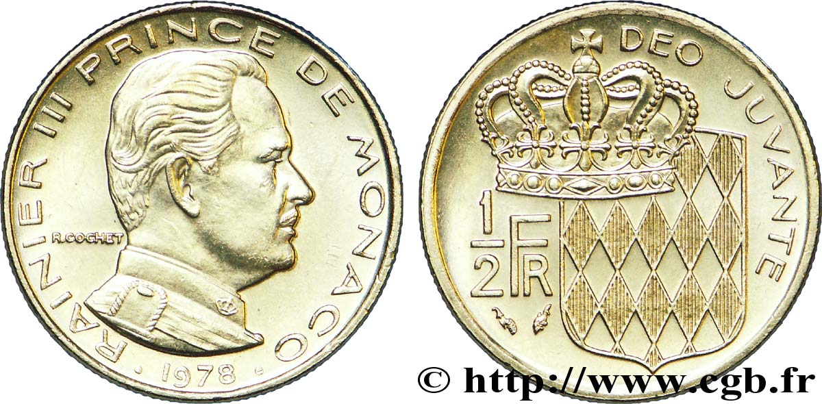 MONACO 1/2 Franc Rainier III / écu couronné 1978 Paris EBC 
