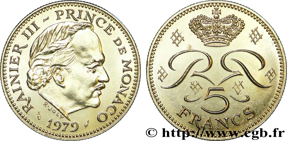 MONACO 5 Francs Rainier III / monogramme couronné 1979 Paris EBC 