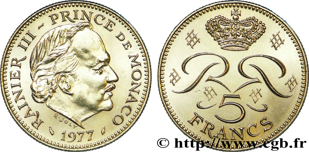 MONACO 5 Francs Rainier III / monogramme couronné 1977 Paris AU 