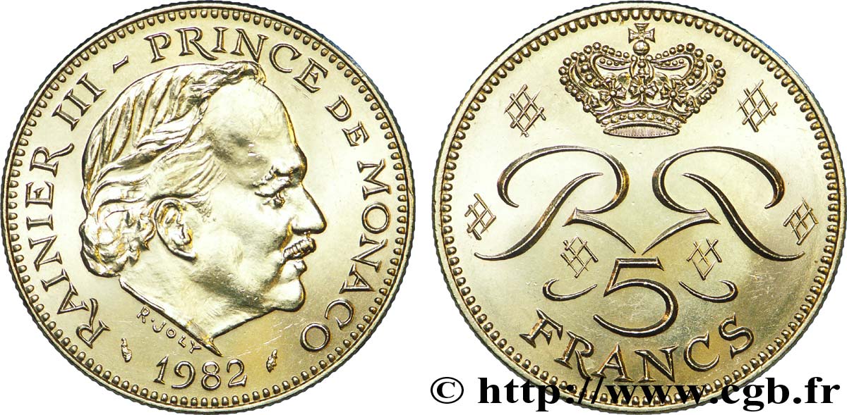 MONACO 5 Francs Rainier III / monogramme couronné 1982 Paris EBC 