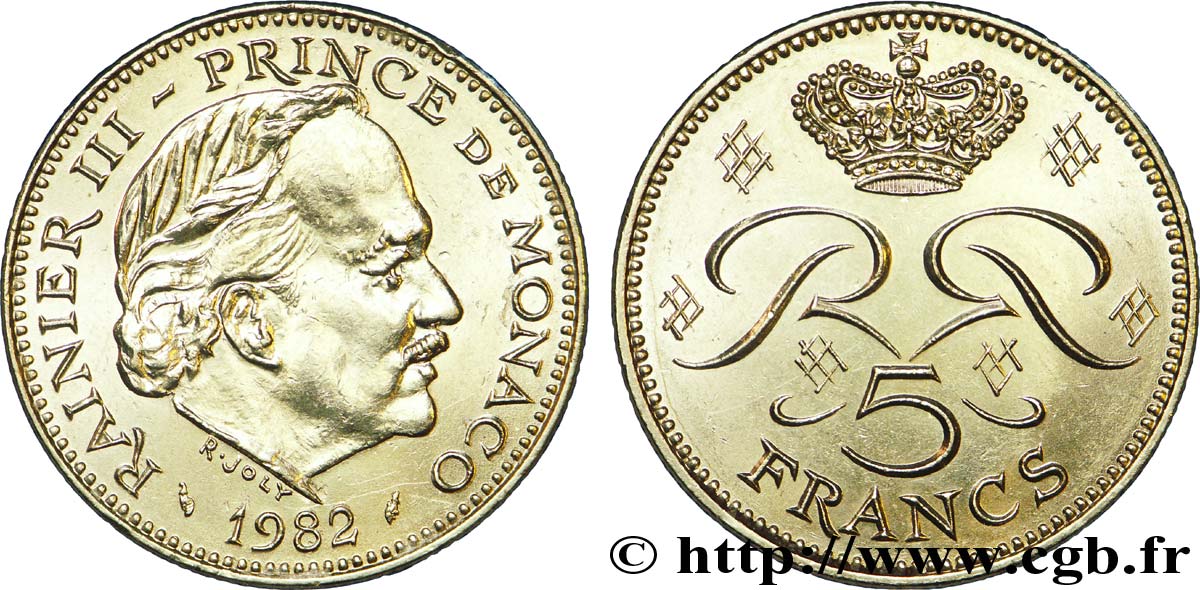 MONACO 5 Francs Rainier III / monogramme couronné 1982 Paris SS 
