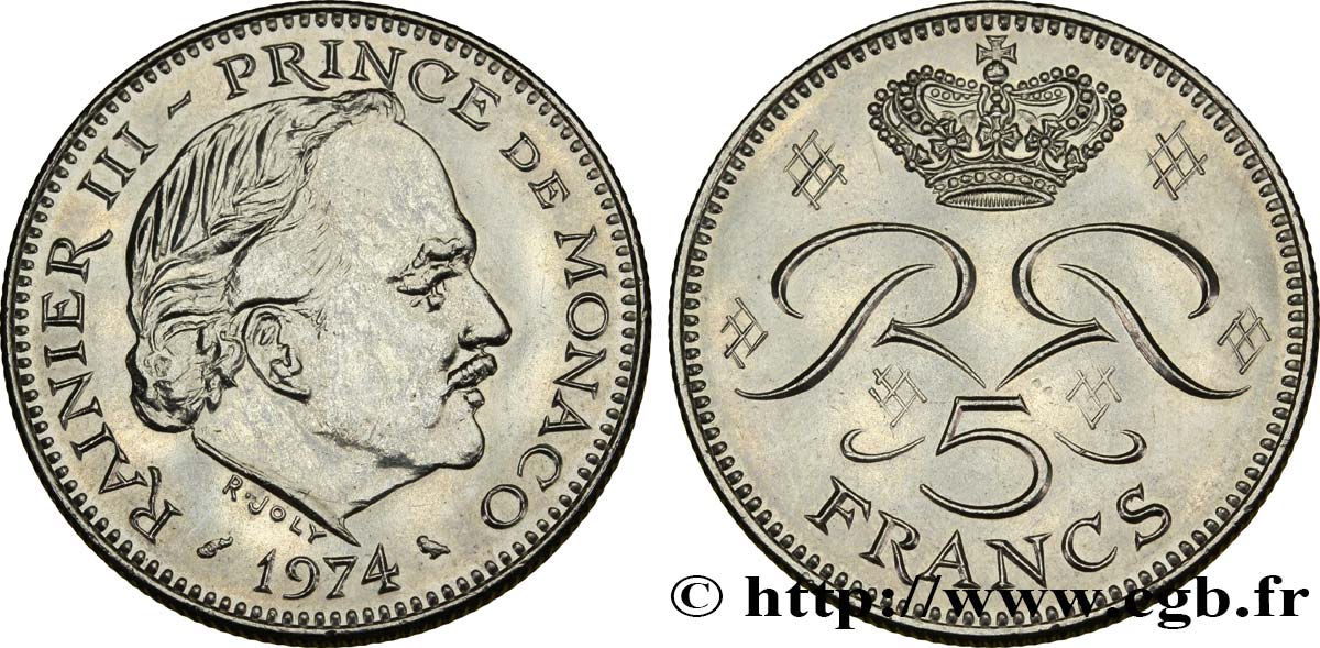 MONACO 5 Francs Rainier III / monogramme couronné 1974 Paris VZ 