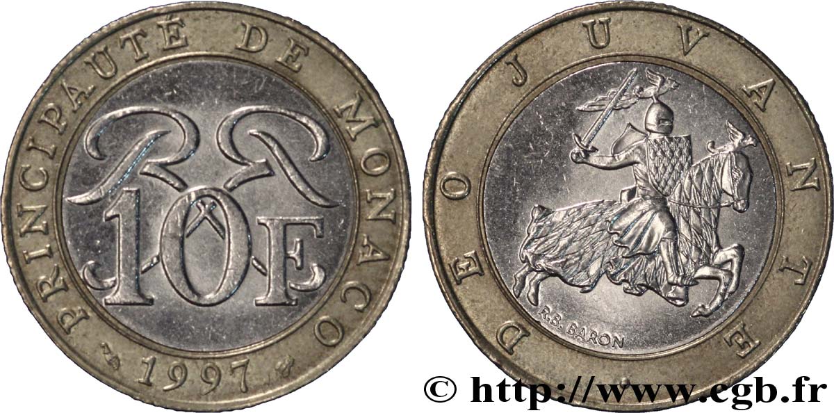 MONACO 10 Francs monogramme de Rainier III / chevalier en armes 1997 Paris fVZ 