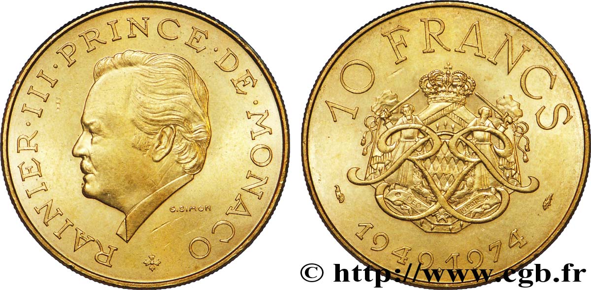 MONACO 10 Francs 25e anniversaire du règne de Rainier III 1974 Paris VZ 