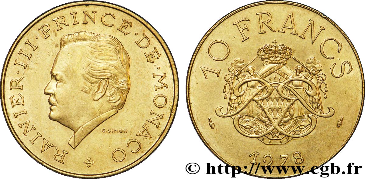 MONACO 10 Francs Rainier III / écu et monogramme couronnés 1978 Paris EBC 