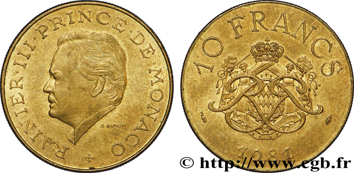 MONACO 10 Francs Rainier III / écu et monogramme couronnés 1981 Paris VZ 