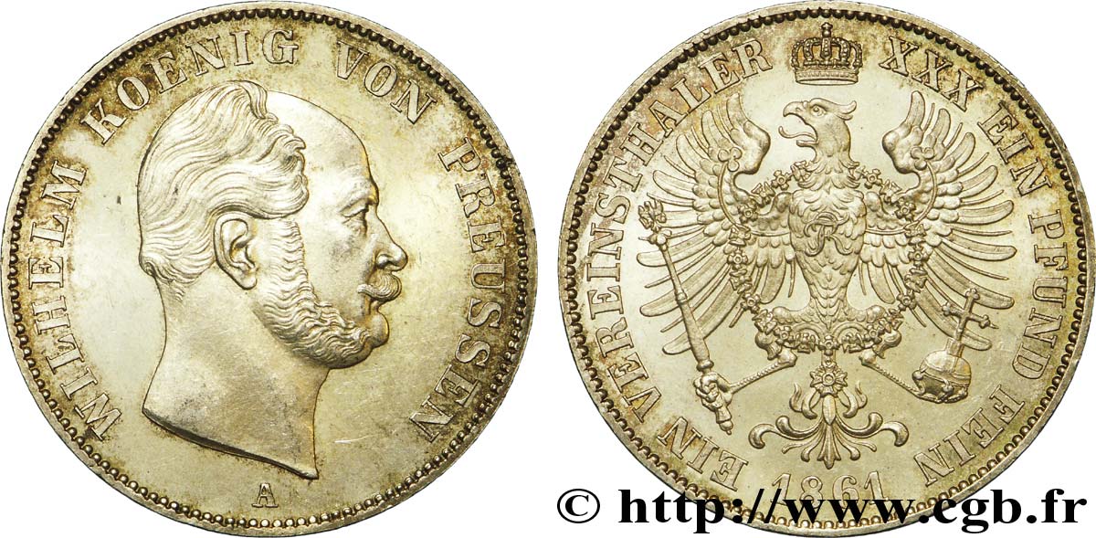 GERMANIA - PRUSSIA 1 Vereinsthaler Guillaume Ier roi de Prusse / aigle héraldique 1861 Berlin SPL 