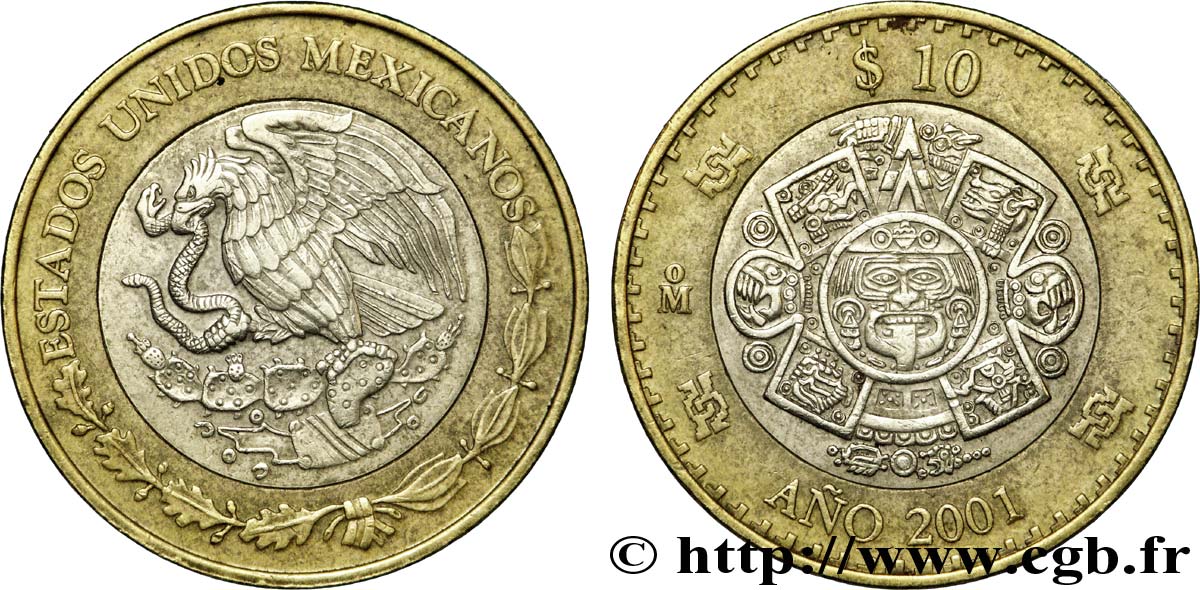 MÉXICO 10 Pesos aigle / la Pierre du Soleil avec au centre Tonatiuh (dieu du Soleil) 2001 Mexico EBC 