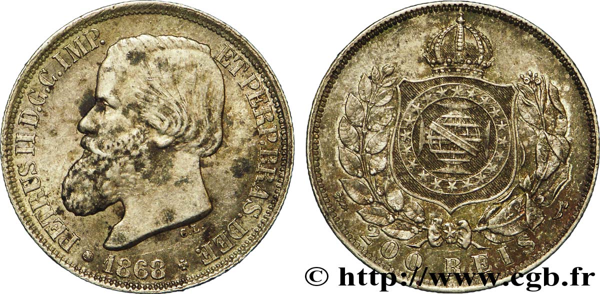 BRASILIEN 200 Reis Empereur Pierre II 1868  VZ 