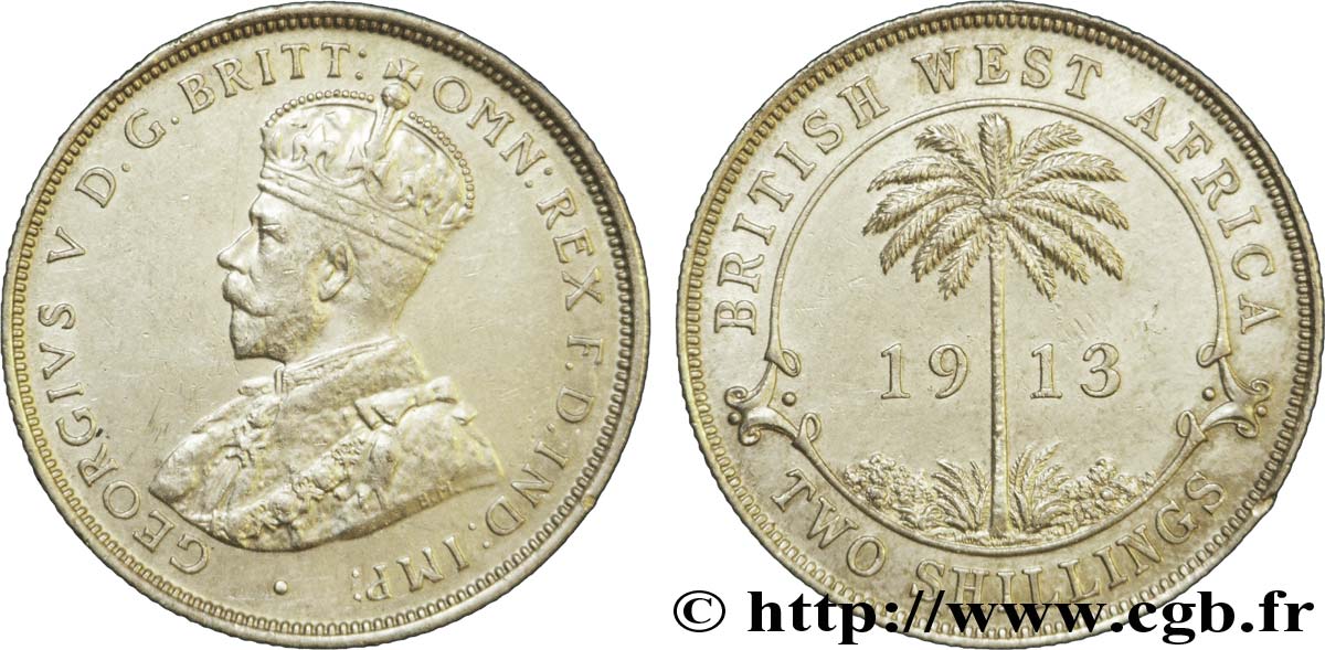 ÁFRICA OCCIDENTAL BRITÁNICA 2 Shillings Georges V / palmier 1913  MBC 