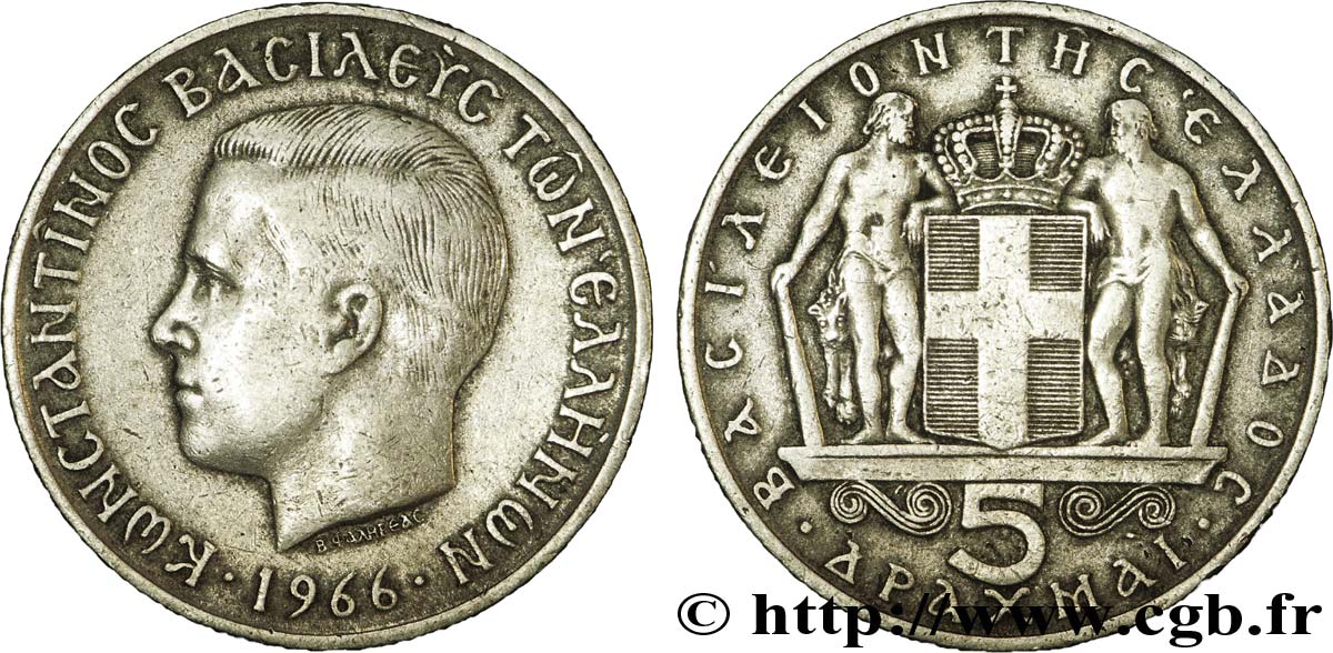 GRECIA 5 Drachmes Constantin II / armes couronnées 1966  MBC 