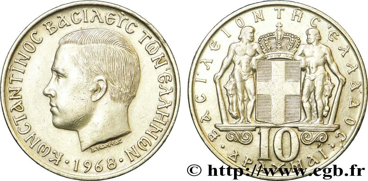 GRIECHENLAND 10 Drachmes Constantin II / armes couronnées 1968  VZ 