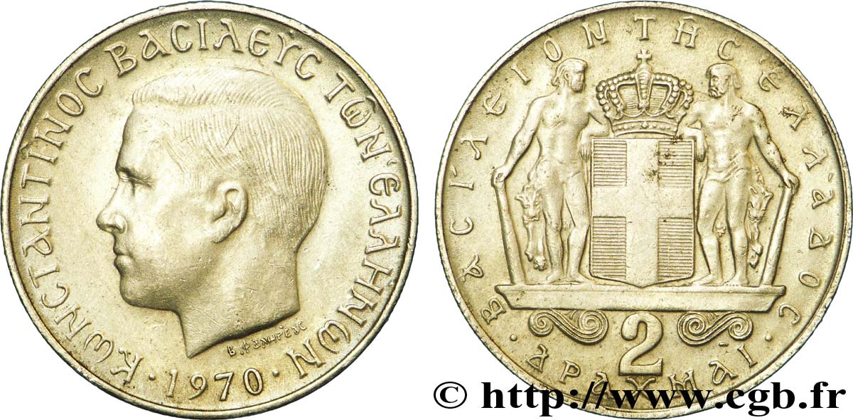 GRIECHENLAND 2 Drachmes Constantin II / armes couronnées 1970  VZ 