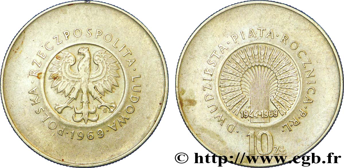 POLAND 10 Zlotych aigle / 25e anniversaire de la République Populaire 1969 Varsovie XF 