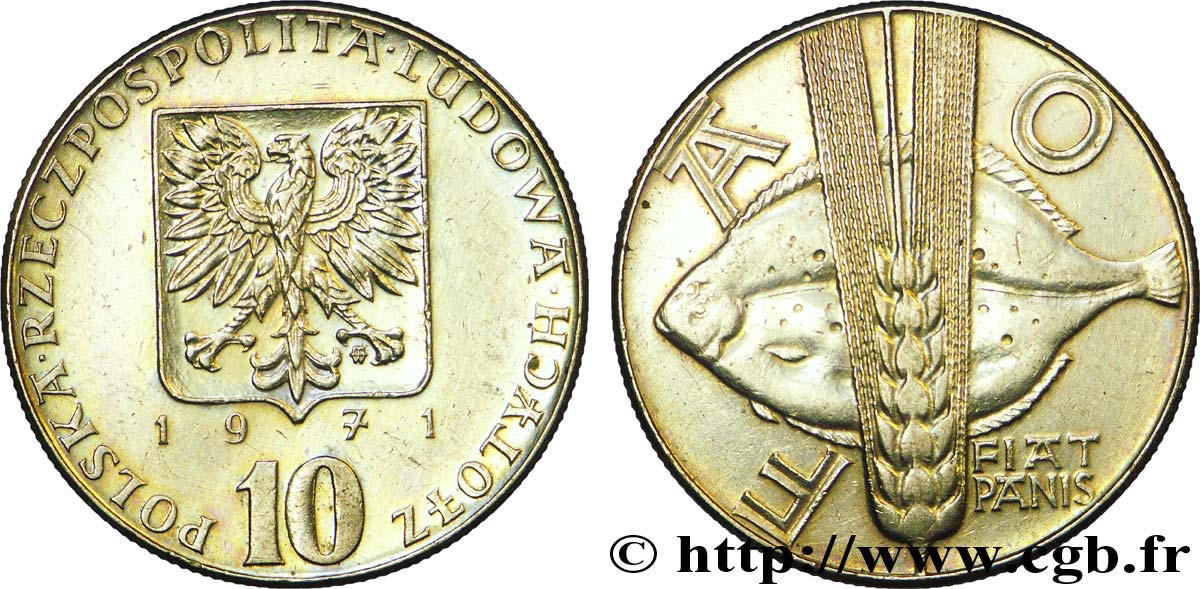 POLEN 10 Zlotych FAO aigle / poisson et épi de blé 1971  VZ 