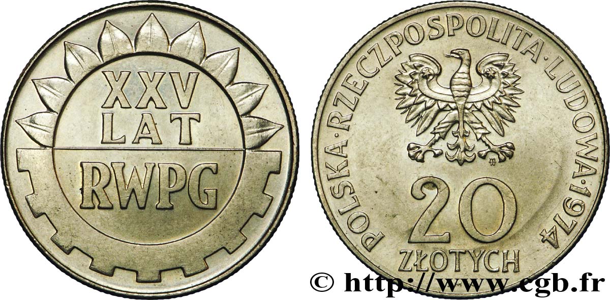 POLEN 20 Zlotych aigle / 25e anniversaire du Comecon 1974 Varsovie VZ 