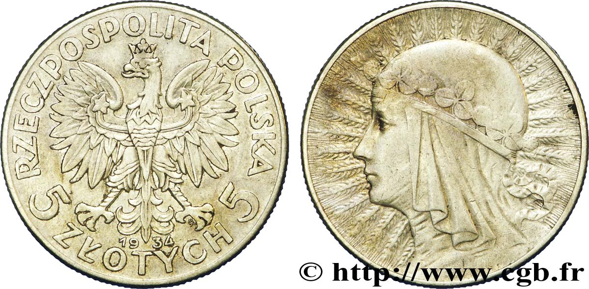 POLOGNE 5 Zlotych aigle / reine Jadwiga 1934 Varsovie TTB 