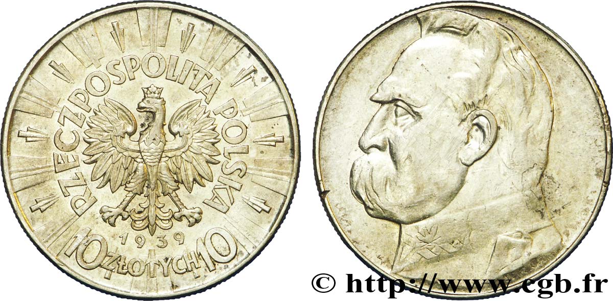 POLAND 10 Zlotych aigle / Maréchal Pilsudski 1939 Varsovie XF 