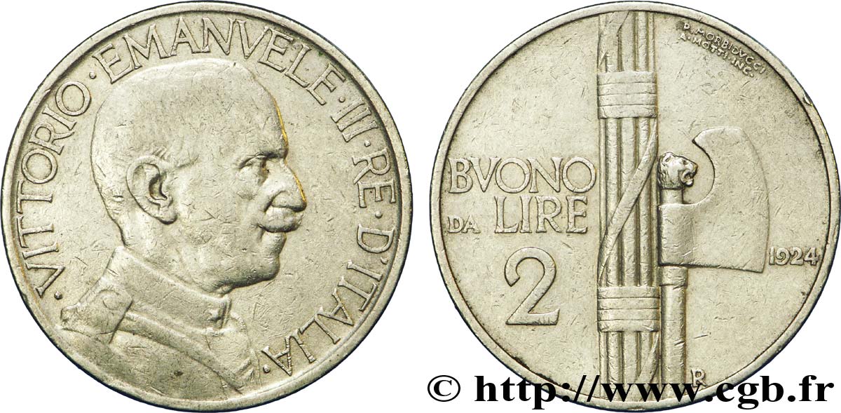 ITALIA Bon pour 2 Lire (Buono da Lire 2) Victor Emmanuel III / faisceau de licteur 1924 Rome - R MBC 