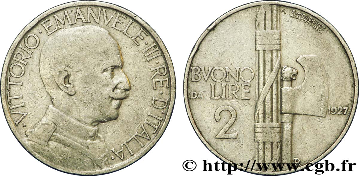 ITALIA Bon pour 2 Lire (Buono da Lire 2) Victor Emmanuel III / faisceau de licteur 1927 Rome - R BC+ 