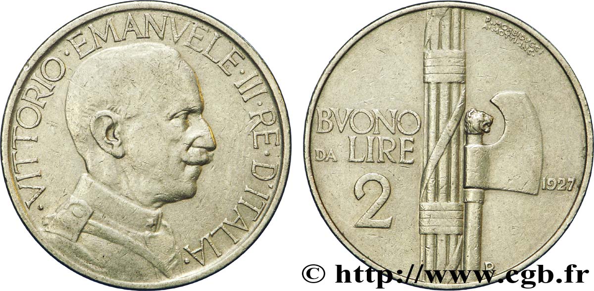 ITALIEN Bon pour 2 Lire (Buono da Lire 2) Victor Emmanuel III / faisceau de licteur 1927 Rome - R SS 