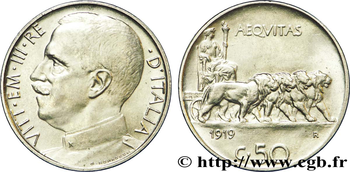 ITALIEN 50 Centesimi  Victor Emmanuel III en uniforme / allégorie de l’Italie et 4 lions 1919 Rome - R VZ 