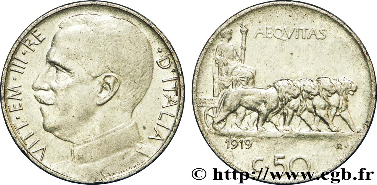 ITALIA 50 Centesimi  Victor Emmanuel III en uniforme / allégorie de l’Italie et 4 lions 1919 Rome - R MBC 