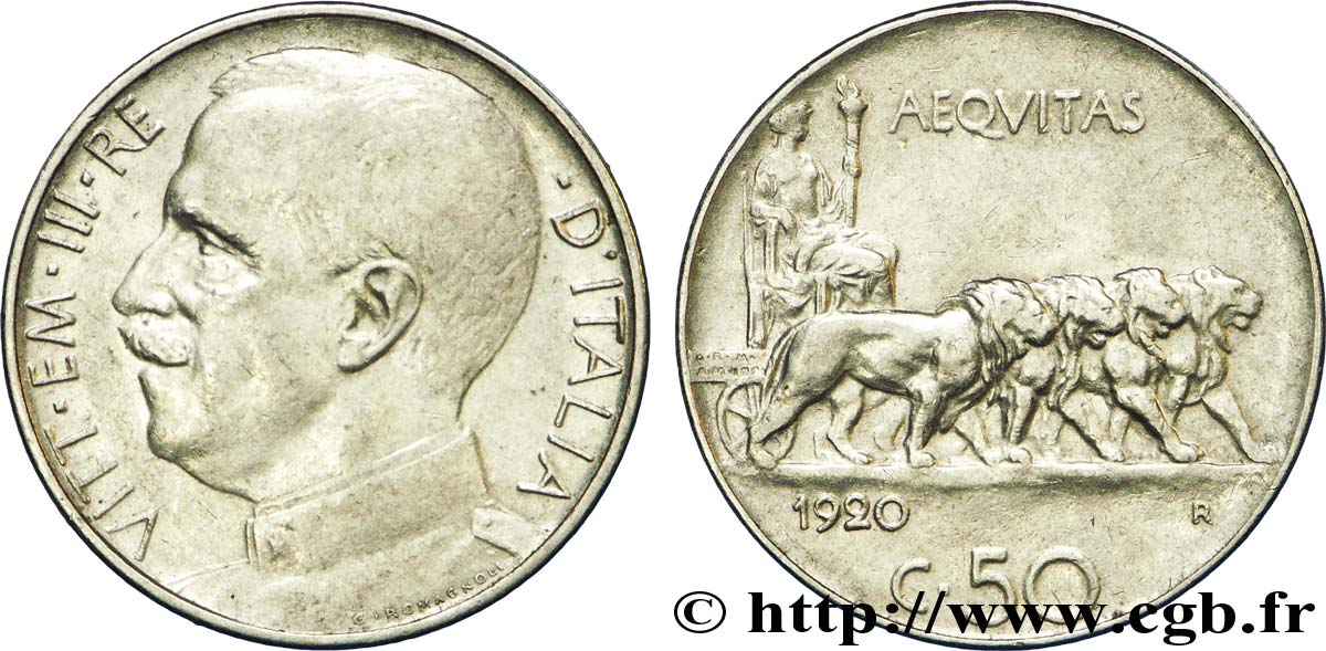 ITALY 50 Centesimi  Victor Emmanuel III 1920 Rome - R XF 