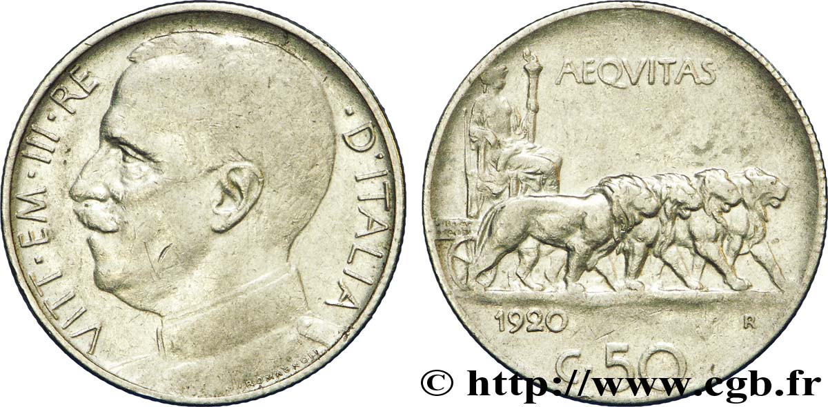 ITALY 50 Centesimi  Victor Emmanuel III en uniforme / allégorie de l’Italie et 4 lions 1920 Rome - R XF 
