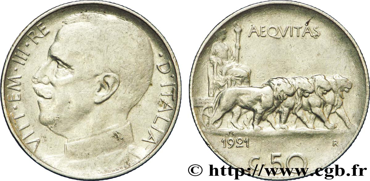 ITALY 50 Centesimi  Victor Emmanuel III 1921 Rome - R XF 