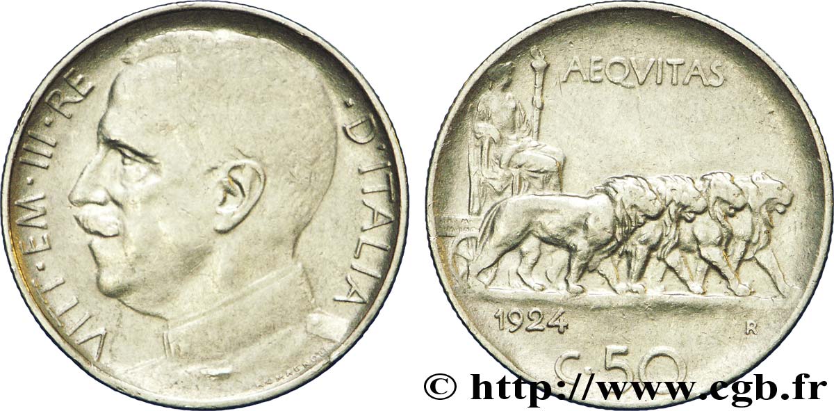 ITALIA 50 Centesimi  Victor Emmanuel III en uniforme / allégorie de l’Italie et 4 lions 1924 Rome - R MBC+ 