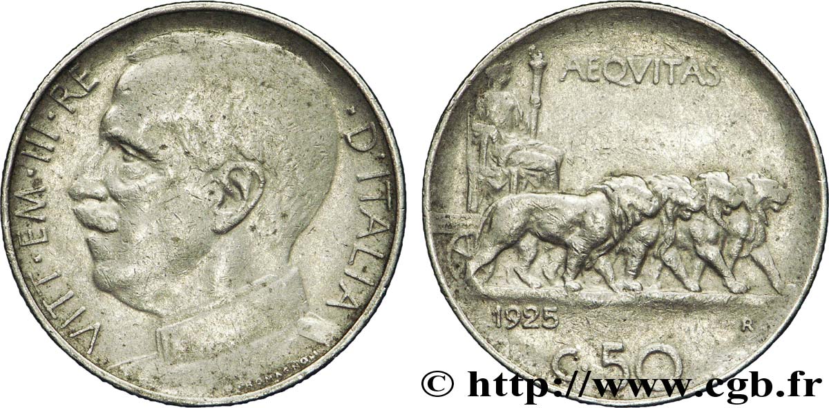 ITALIE 50 Centesimi  Victor Emmanuel III en uniforme / allégorie de l’Italie et 4 lions 1925 Rome - R TTB 