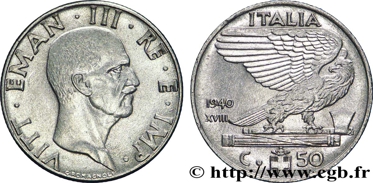 ITALY 50 Centesimi  Victor Emmanuel III an XVIII / aigle sur faisceau 1940 Rome - R AU 