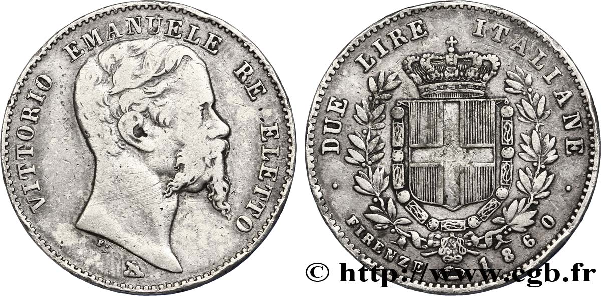 ITALY 2 Lire Victor Emmanuel II / armes de Savoie 1860 Florence VF 